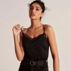 Double Strap Lace Trim Cami - Black (XS) - ABERCROMBIE & FITCH